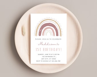 Rainbow 1st Birthday Invitation, Boho Rainbow Birthday Invite, Rainbow Girls Birthday Party Invite, Pink Rainbow Invitation, Bohemian Invite