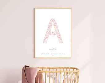 Pink Floral Initials Print, Girls Nursery Decor, Initials Wall Art, Children’s Wall Decor, Monogram Letter, Alphabet Art, Floral Name Art