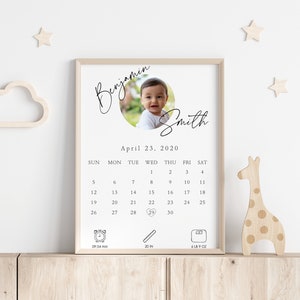Impresión de detalles de nacimiento, estadísticas de bebé niño, certificado de nacimiento, recuerdo infantil, decoración de habitación infantil, para niño, calendario de estadísticas de nacimiento, impresión de calendario