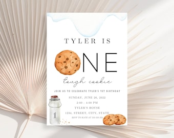 Invitación de cumpleaños de galletas y leche, invitación de cumpleaños para un niño dulce, un niño dulce, un bebé cumple un año, una galleta resistente, tarjeta de galleta con chispas de chocolate