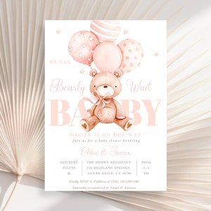 Uitnodiging babyshower teddybeer, we kunnen wachten babyshower uitnodiging, roze beer babyshower uitnodigen, beer ballon babyshower uitnodigen