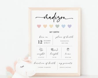 Poster con i dettagli della nascita, stampa con i dettagli della nascita arcobaleno, dettagli della nascita di una bambina, stampa con le statistiche della nascita, stampa per neonati, poster con le statistiche della nascita stampabili
