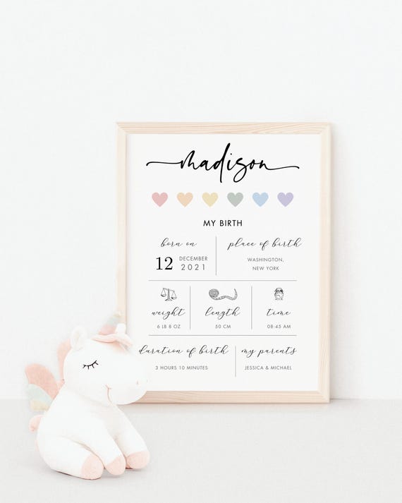 Birth Details Poster, Rainbow Birth Details Print, Baby Girl Birth Details, Birth Stats Print, New Baby Print, Printable Birth Stats Poster