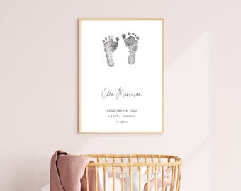 Newborn Baby Feet Print, Newborn Keepsake Gift, Nursery Decor Wall Art, Birth Stats Wall Art, Baby Details Printable, Baby Footprint Ink