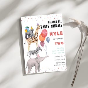 May include: A birthday invitation featuring a colourful illustration of animals, including a giraffe, zebra, and elephant. The invitation is for a party celebrating Kyle turning two. The text on the invitation reads "Calling all party animals, Kyle is turning two, Saturday June 4th, 2022, 2:00-4:00 PM, Address Line 1, Address Line 2, RSVP to Kate at 123.456.7890".