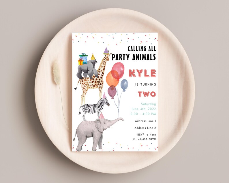 May include: A colourful birthday party invitation featuring a giraffe, zebra, and elephant wearing party hats. The invitation reads "Calling all party animals Kyle is turning two" and includes the date, time, and RSVP details.