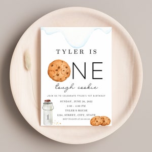 Cookies And Milk Birthday Invite, Sweet Boy Birthday Invitation, One Sweet Boy, Baby Turns One, One Tough Cookie, Chocolate Chip Cookie Card