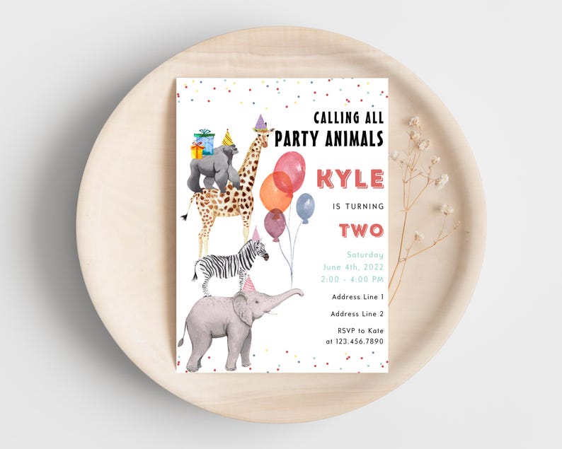 Calling All Party Animals Birthday Invitation, Unisex Birthday Invitation, Wild Two Birthday Invitation, Safari Animlas Birthday Invitation image 8