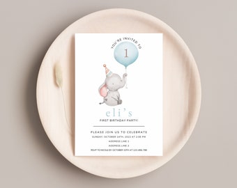 Elephant Birthday Invitation, Baby Elephant Card, Boy’s Birthday Card, Jungle Animals Invite, Safari Animals Birthday Invitation For Boys