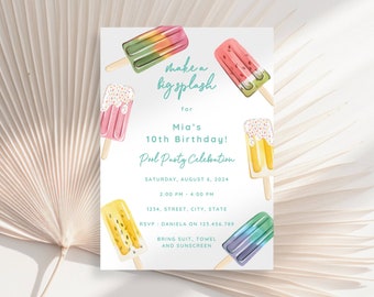 Popsicle Party Invitation, Ice Cream Birthday Invitation, Pool Party Birthday Invite, Summer Party Invitation, Make A Big Splash