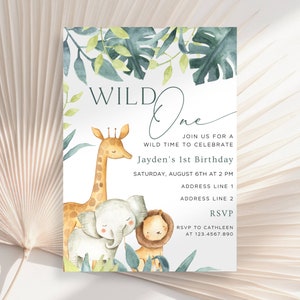 Wild Geburtstag einladen, Safari-Tiere Geburtstagseinladung, Dschungel-Tiere Geburtstag einladen, Elefant Giraffe und Tiger Geburtstagseinladung