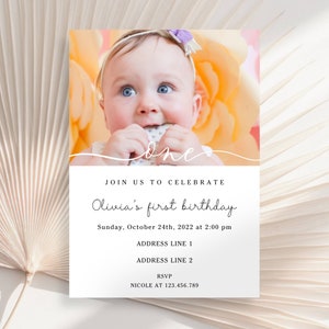 Geburtstagseinladung mit Foto, moderne minimalistische Fotoeinladung zum 1. Geburtstag, Foto-Geburtstagseinladung für Mädchen, einfacher Geburtstag einladen