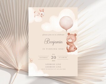 Bear First Birthday Invitation, Beary First Birthday Invitation, Boys Birthday Invitation Template Beige, Bear Birthday Party Stationery