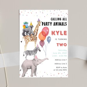 May include: A colourful party invitation featuring a giraffe, zebra and elephant wearing party hats. The invitation reads "Calling all party animals Kyle is turning two" with details for a party on June 4th, 2022 from 2:00 to 4:00 PM.