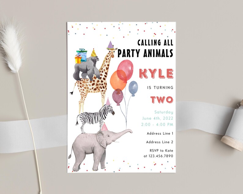 May include: A colourful party invitation featuring a giraffe, zebra and elephant wearing party hats. The invitation reads "Calling all party animals Kyle is turning two" with details for a party on June 4th, 2022 from 2:00 to 4:00 PM.