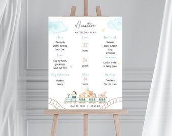 Milestones Birthday Sign, Boys Birthday Party Sign, Milestones Second Year, Baby Achievements, Animals And Trains Birthday Sign For Boys
