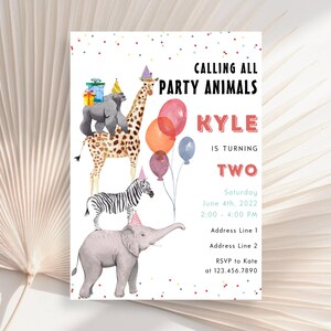 Calling All Party Animals Geburtstagseinladung, Unisex-Geburtstags-Einladung, Wild Zwei-Geburtstags-Einladung, Safari Animlas Geburtstagseinladung