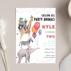 May include: A colourful party invitation featuring a giraffe, zebra, and elephant. The invitation reads "Calling all party animals Kyle is turning two" and includes the date, time, and RSVP details.