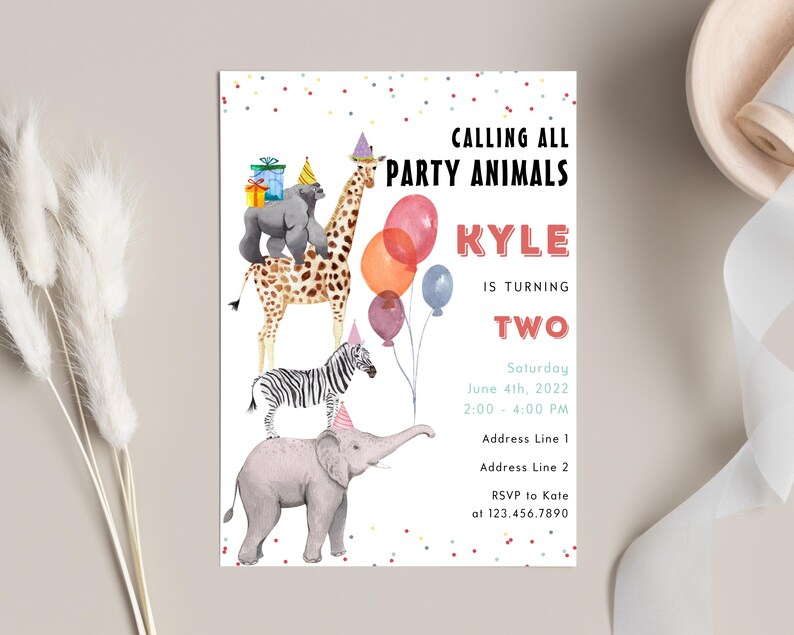 May include: A colourful party invitation featuring a giraffe, zebra, and elephant. The invitation reads "Calling all party animals Kyle is turning two" and includes the date, time, and RSVP details.
