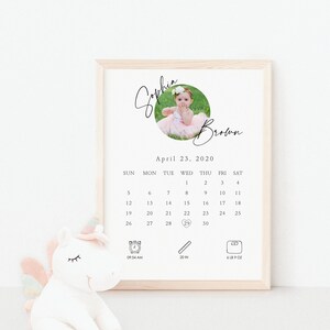 Geboortedetails afdrukken, statistieken meisje baby, geboorteakte, aandenken kind, kinderkamerdecoratie, geboortestatistieken baby, kalender afdrukken