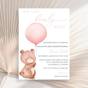 Uitnodiging babyshower teddybeer, we kunnen wachten babyshower uitnodiging, roze beer babyshower uitnodigen, beer ballon babyshower uitnodigen