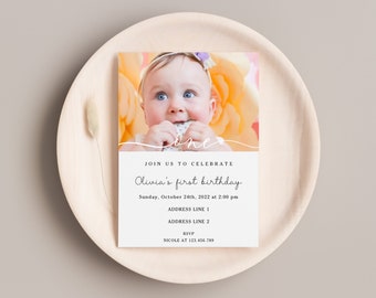 Birthday Invitation With Photo, Modern Minimalist 1st Birthday Photo Invitation, Photo Birthday Invitation For Girls, Simple Birthday Invite