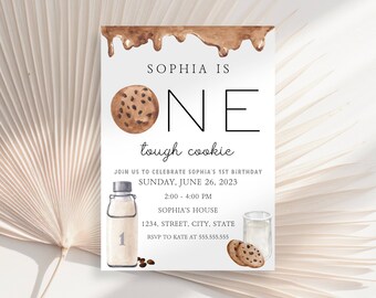 Cookies And Milk Birthday Invite, Sweet Birthday Invitation, One Sweet Girl, Baby Turns One, One Tough Cookie, Chocolate Chip Cookie Card