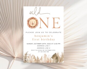 Wild One Birthday Template, Lion Birthday Invitation, Editable Invite, 1st Birthday Safari, Printable Birthday Invitation, Jungle Theme