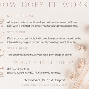 May include: A digital download guide for printable wall art. The guide includes instructions for purchasing, editing, and printing the art. The art is available in three sizes, 8.3 inches by 11.7 inches, and can be downloaded in JPEG, PDF, and PNG formats.