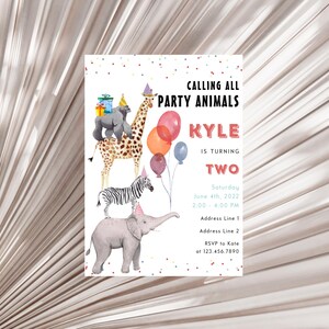 Calling All Party Animals Birthday Invitation, Unisex Birthday Invitation, Wild Two Birthday Invitation, Safari Animlas Birthday Invitation image 3