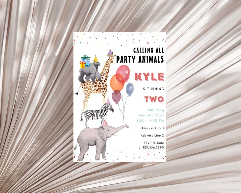 Calling All Party Animals Birthday Invitation, Unisex Birthday Invitation, Wild Two Birthday Invitation, Safari Animlas Birthday Invitation image 3