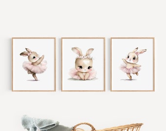 Bunny Ballerina Wall Art, Woodland Creatures Print, Girls Nursery Decor, Boho Rabbits Nursery Wall Art, Watercolor Bunny Ballerina Prints