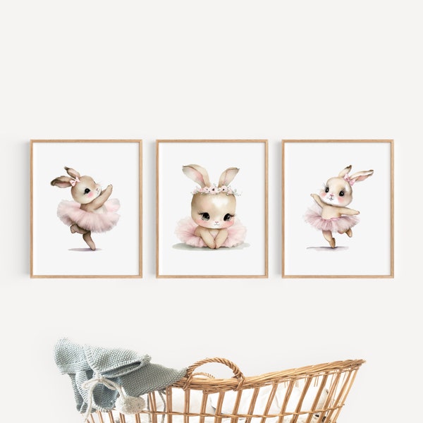 Bunny Ballerina Wall Art, Woodland Creatures Print, Girls Nursery Decor, Boho Rabbits Nursery Wall Art, Watercolor Bunny Ballerina Prints