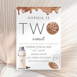 May include: A birthday invitation for a girl named Sophia turning two. The invitation features a chocolate chip cookie, a glass of milk, and a bottle of milk with the number "2" on it. The text on the invitation reads "Sophia is Two sweet" and includes the date and time of the party.
