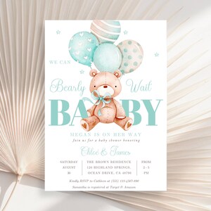 Bruine beer ballon babyshower uitnodiging, we kunnen moeilijk wachten babyshower uitnodigen, blauwe Boho Bear Boy babyshower uitnodiging briefpapier