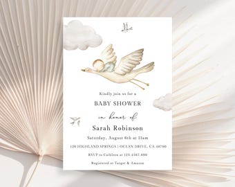 Stork Baby Shower Invitation, Stork With Baby In Blanket, Gender Neutral Baby Shower Invitation, Special Delivery Baby Shower Invitation