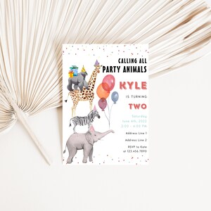 May include: A colourful party invitation featuring a giraffe, zebra, and elephant. The invitation reads "Calling all party animals Kyle is turning two" and includes the date, time, and RSVP details.