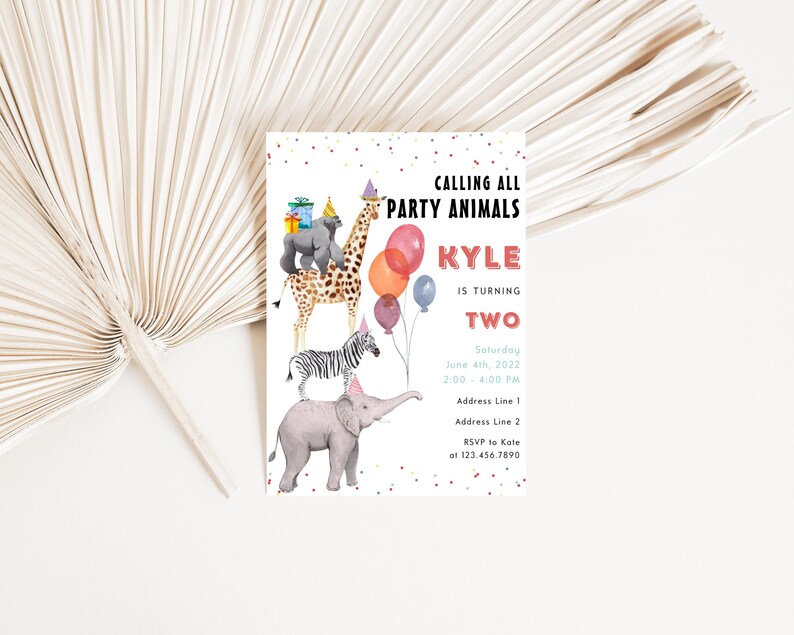 May include: A colourful party invitation featuring a giraffe, zebra, and elephant. The invitation reads "Calling all party animals Kyle is turning two" and includes the date, time, and RSVP details.