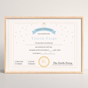 Certificat de récompense de la fée des dents, mot de la fée des dents, reçu de la fée des dents, récompense de la dent perdue, certificat personnalisé, enseigne de la fée des dents