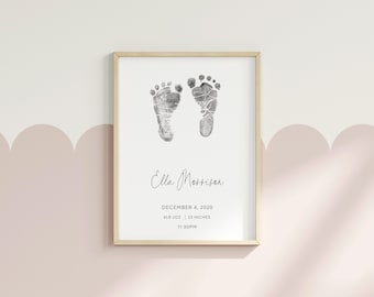 Impresión de pies de bebé recién nacido, recuerdo para recién nacido, decoración de habitación infantil, arte mural con estadísticas de nacimiento, detalles del bebé imprimibles, tinta para huellas de bebé, regalo para mamá primeriza