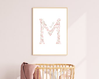 Floral Initials Print, Girls Nursery Decor, Initials Wall Art, Children’s Wall Decor, Monogram Letter, Alphabet Art, Pink Floral Name Art