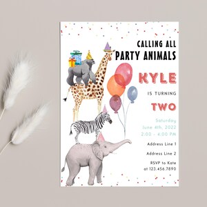 May include: A colourful party invitation featuring a giraffe, zebra and elephant wearing party hats. The invitation reads "Calling all party animals Kyle is turning two" with the date and time of the party.