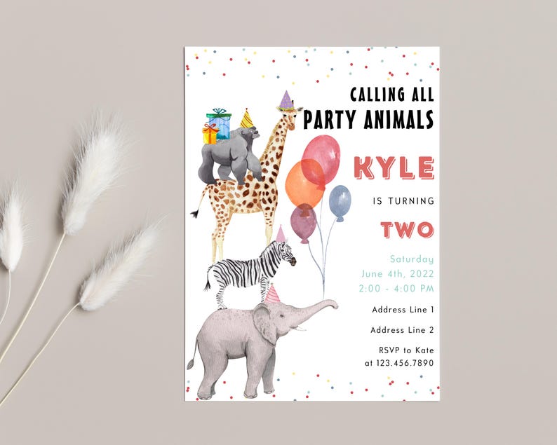 May include: A colourful party invitation featuring a giraffe, zebra and elephant wearing party hats. The invitation reads "Calling all party animals Kyle is turning two" with the date and time of the party.