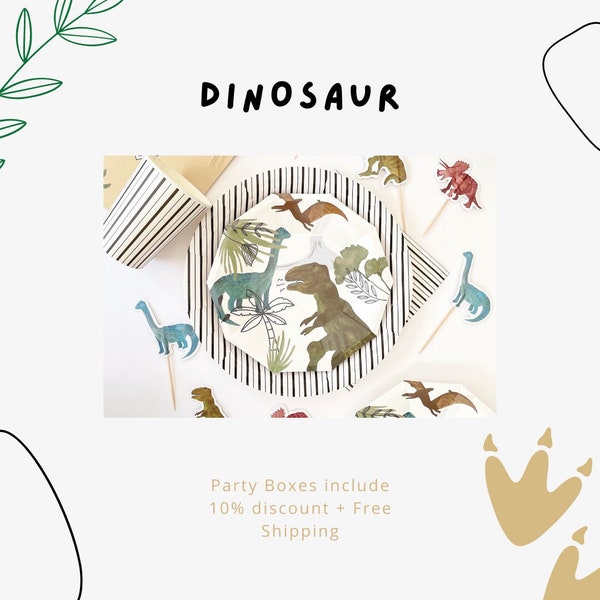 Dinosaur Supplies in a Box|Dinosaur Party Supplies|Dinosaur Plates|Dinosaur Party Bags|Dinosaur Party Supply|Jurassic Park Birthday Supplies