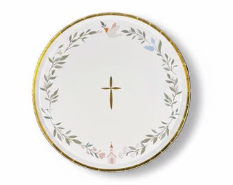 Gold Cross Paper Plates 8 inches (8 pack) - Dove Eucalyptus Wreath, Religious Party Decor