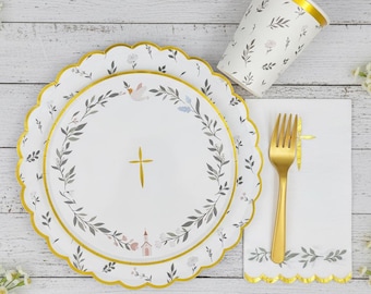 White Gold Religious Party Supplies Box, Baptism Decorations, First Communion Party Set, Elegant Floral Eucalyptus Christening Tableware