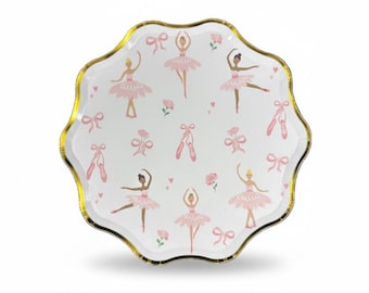 Pink Ballerina Party Plates with Gold Rim - Ballet Birthday Supplies 8" (8 Pack)