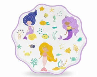 Mermaid Party Plates – Pastel Under the Sea Animals and Shells 8 inches (8 Pack)