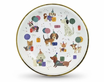Dogs Puppy Party Dessert Paper Plates with Golden Bows 8 inches (Set of 8)