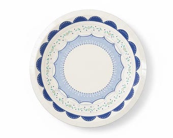 May include: A round paper plate featuring a decorative border with a dark blue scalloped edge. The design includes concentric rings of light blue, white, and intricate patterns of small green leaves, tiny flowers, and delicate dotted lines.